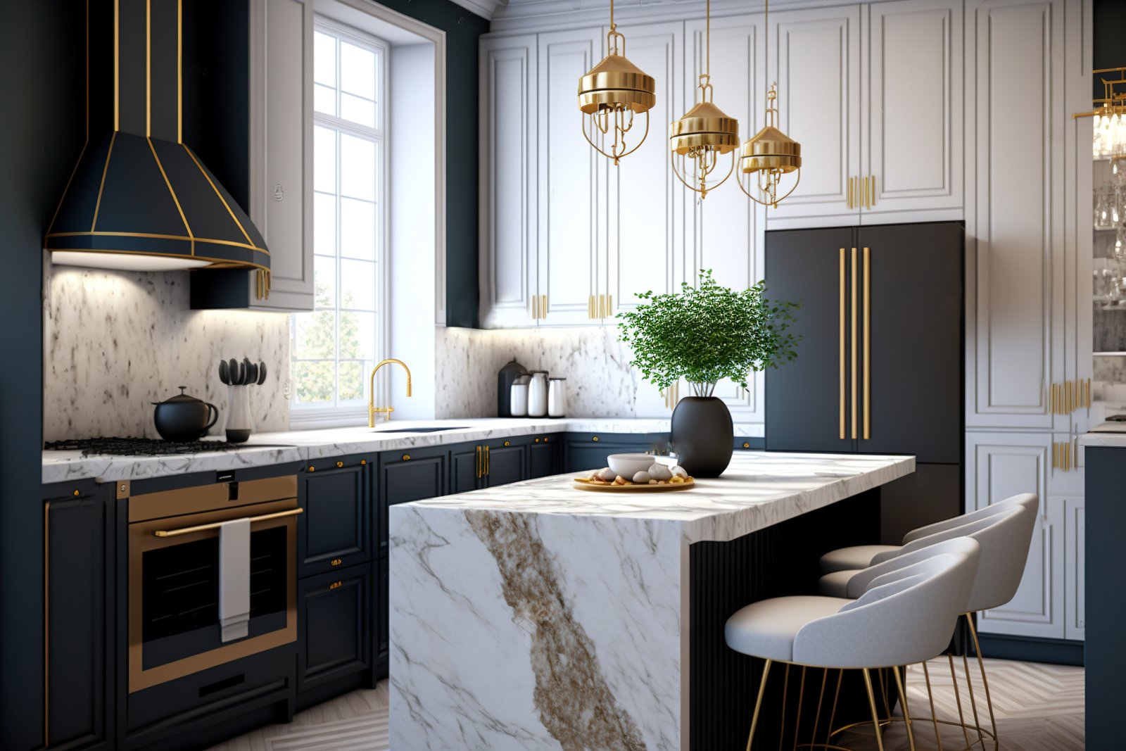 A luxury Arizona kitchen with marble and brass finishes, the kind of home High Place Mortgage helps clients finance